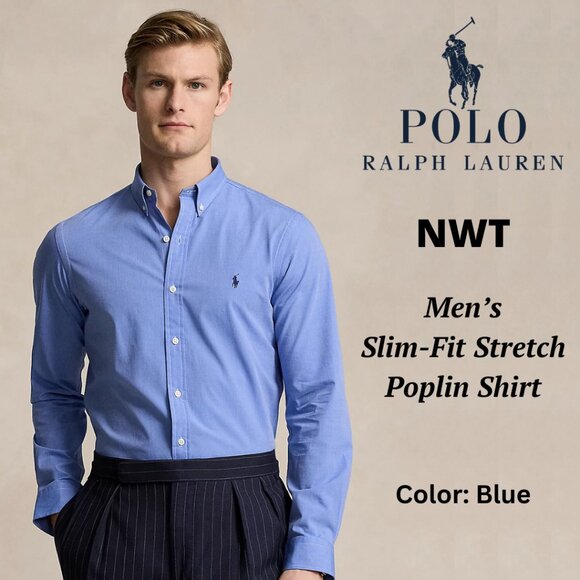 POLO RALPH LAUREN - NWT Slim-Fit Stretch Poplin Shirt - BLUE - Picture 1 of 12